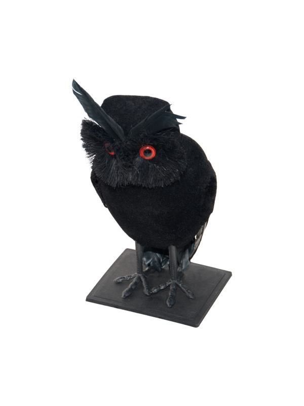 Chouette noire Halloween sur socle à yeux rouges – 22 cm
