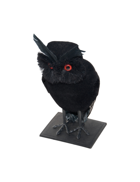 Chouette noire Halloween sur socle à yeux rouges – 22 cm
