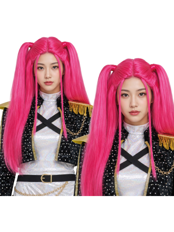 Perruque K-pop rose fuchsia à longues couettes – Pink Charm