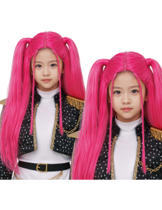 Perruque K-pop enfant rose à longues couettes – Pink Charm