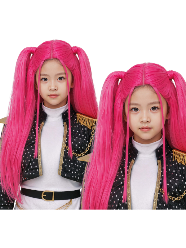 Perruque K-pop enfant rose à longues couettes – Pink Charm