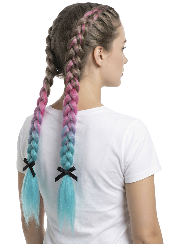 Mèche cheveux dégradée K-pop fuchsia et turquoise 67 cm