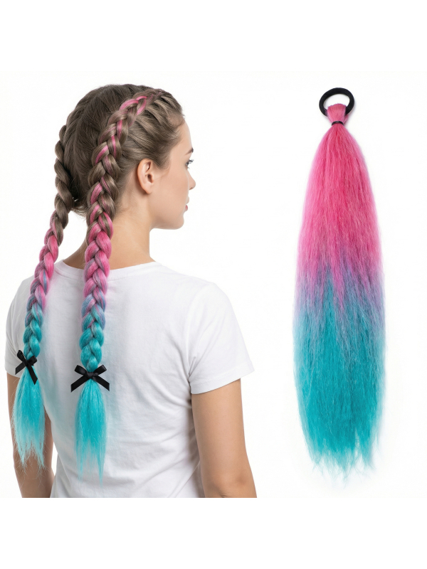 Mèche cheveux dégradée K-pop fuchsia et turquoise 67 cm