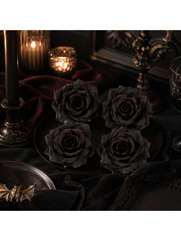 Lot de 4 têtes de roses noires 9,5 cm – Décoration Halloween gothique