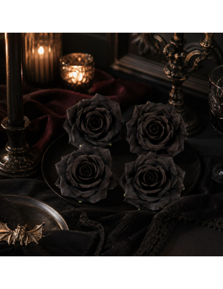 Lot de 4 têtes de roses noires 9,5 cm – Décoration Halloween gothique