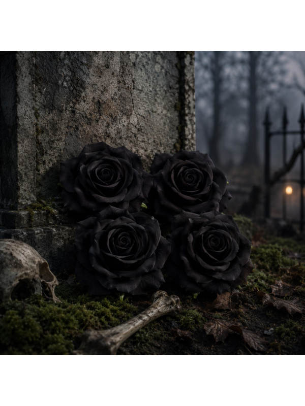 Lot de 4 têtes de roses noires 9,5 cm – Décoration Halloween gothique