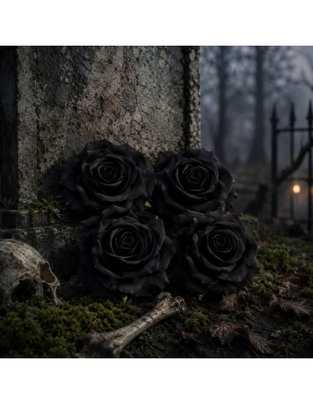 Lot de 4 têtes de roses noires 9,5 cm – Décoration Halloween gothique