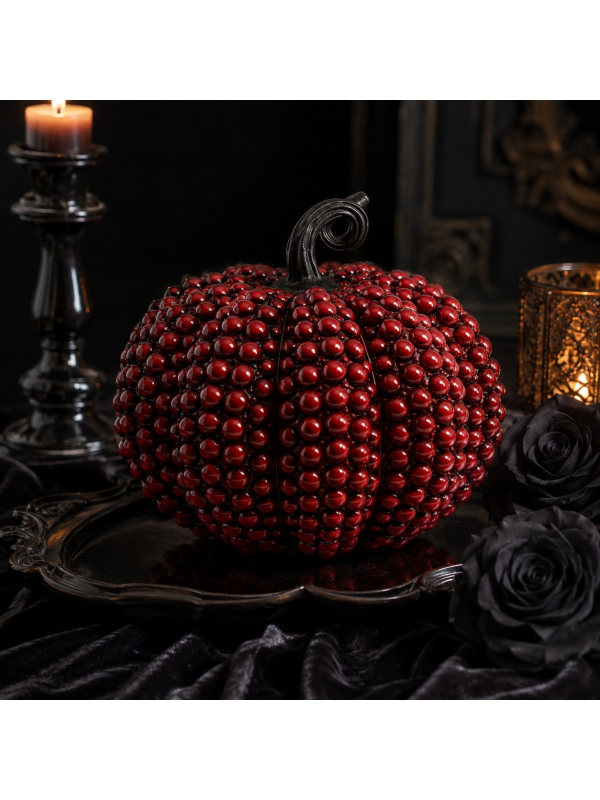 Citrouille rouge effet perles avec corbeau et bougies pour décoration Halloween