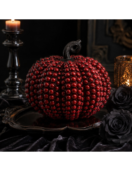 Citrouille rouge effet perles avec corbeau et bougies pour décoration Halloween