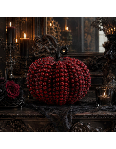 Citrouille rouge effet perles avec corbeau et bougies pour décoration Halloween 2