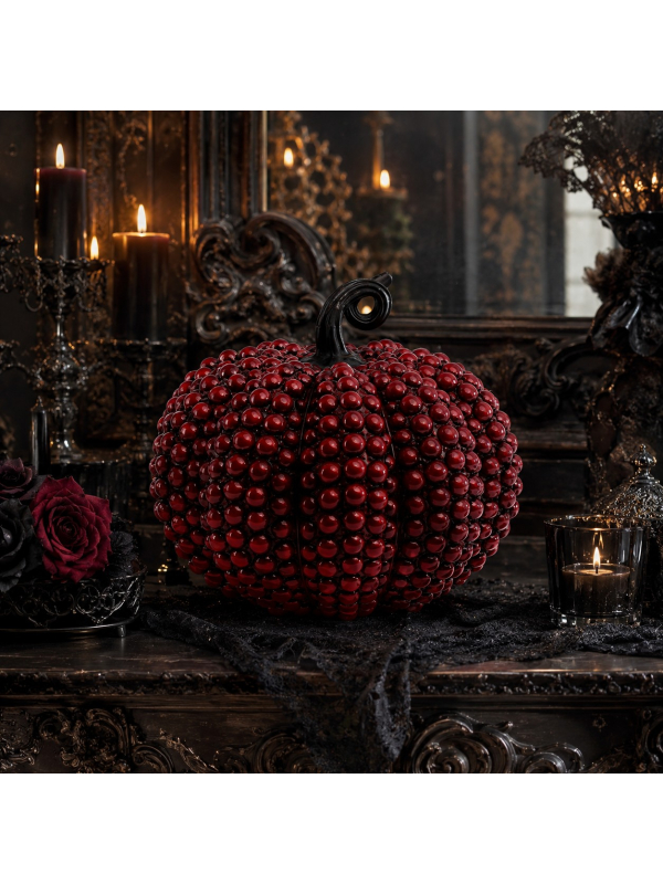 Grande citrouille rouge décorative en résine dans un intérieur gothique Halloween