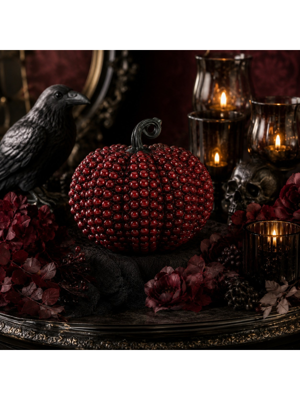 Citrouille rouge perlée dans une décoration Halloween chic avec chandeliers noirs
