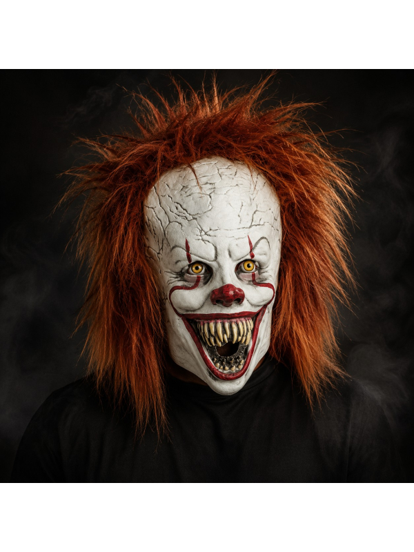 Masque clown effrayant en latex avec cheveux roux – Halloween