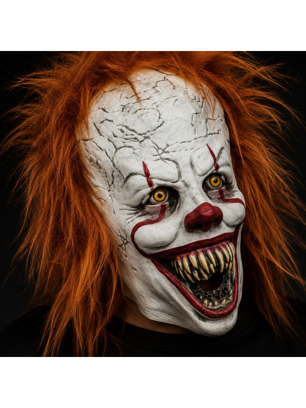 Masque clown effrayant en latex avec cheveux roux – Halloween