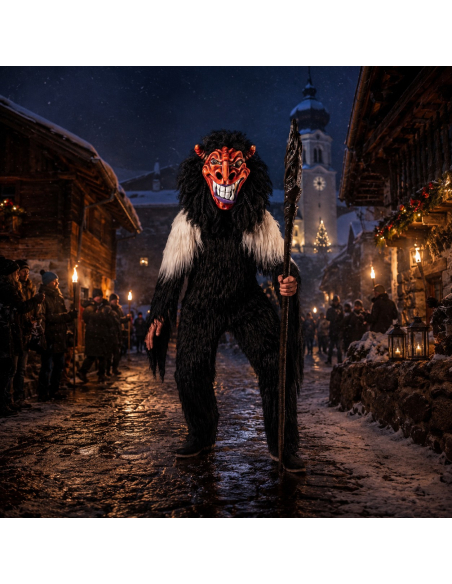 Combinaison Krampus adulte noire et blanche aspect fourrure