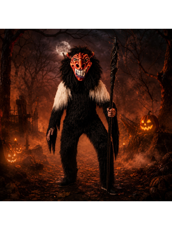 Combinaison Krampus adulte noire et blanche aspect fourrure