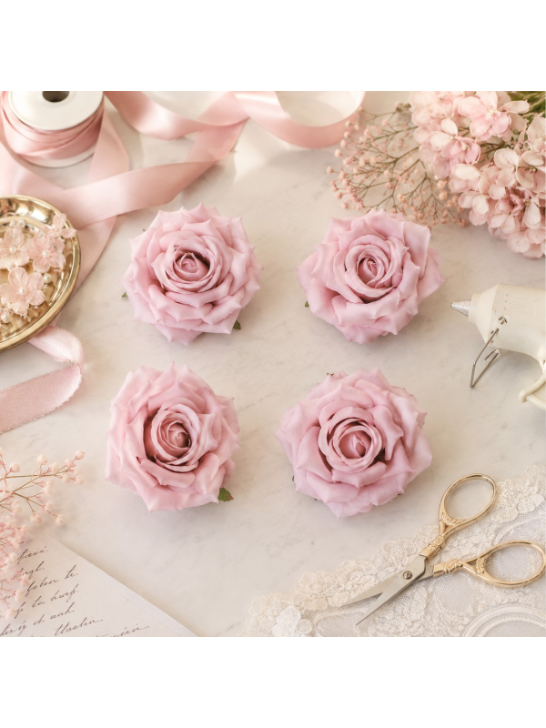 Lot de 4 roses artificielles rose pastel 9,5 cm – Octobre Rose & décoration