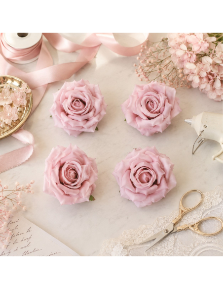 Lot de 4 roses artificielles rose pastel 9,5 cm – Octobre Rose & décoration