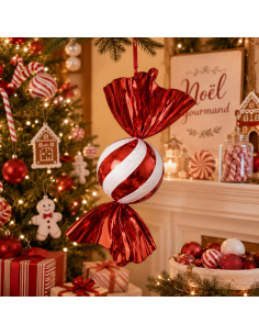 Bonbon géant de Noël rouge et blanc à suspendre – 40 cm