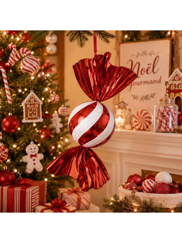 Bonbon géant de Noël rouge et blanc à suspendre – 40 cm