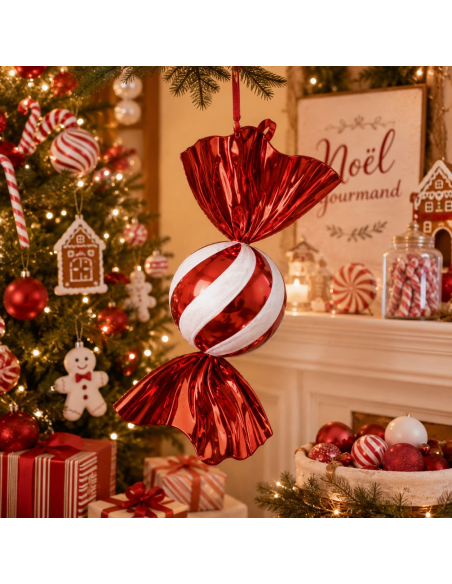 Bonbon géant de Noël rouge et blanc à suspendre – 40 cm