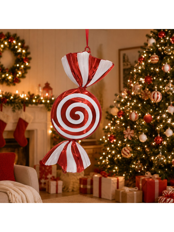 Bonbon géant de Noël rouge et blanc à suspendre – 72 cm