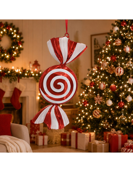 Bonbon géant de Noël rouge et blanc à suspendre – 72 cm