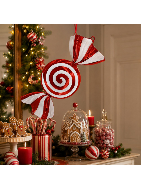 Bonbon géant de Noël rouge et blanc à suspendre – 72 cm