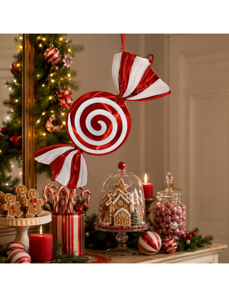 Bonbon géant de Noël rouge et blanc à suspendre – 72 cm