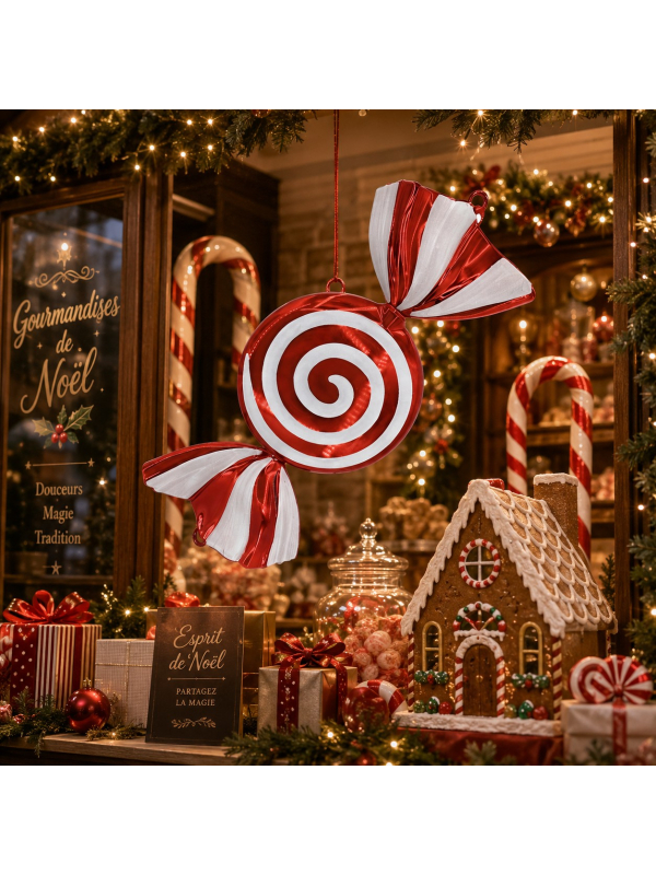 Bonbon géant de Noël rouge et blanc à suspendre – 72 cm