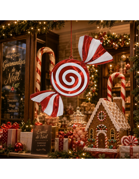 Bonbon géant de Noël rouge et blanc à suspendre – 72 cm