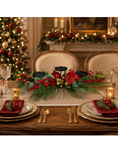 Centre de table de Noël 3 bougeoirs, feuillage et baies rouges – 75 cm 2