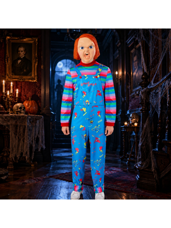 Déguisement Chucky adulte officiel avec combinaison et demi-masque