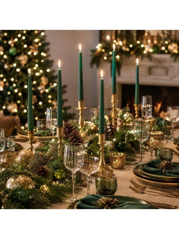 2 bougies chandelles vert sapin 30 cm – décoration de table Noël