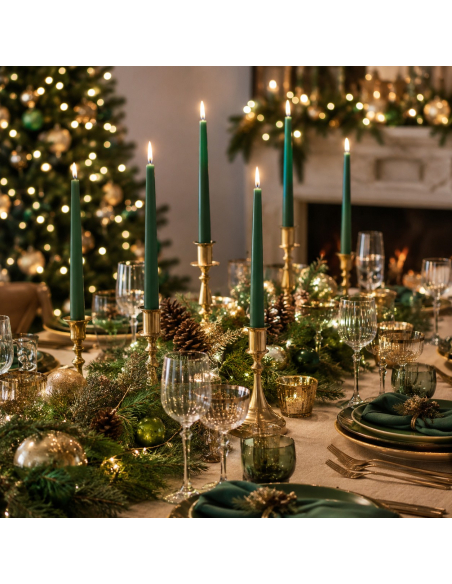 2 bougies chandelles vert sapin 30 cm – décoration de table Noël