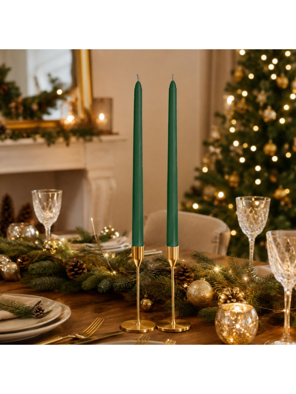 2 bougies chandelles vert sapin 30 cm – décoration de table Noël