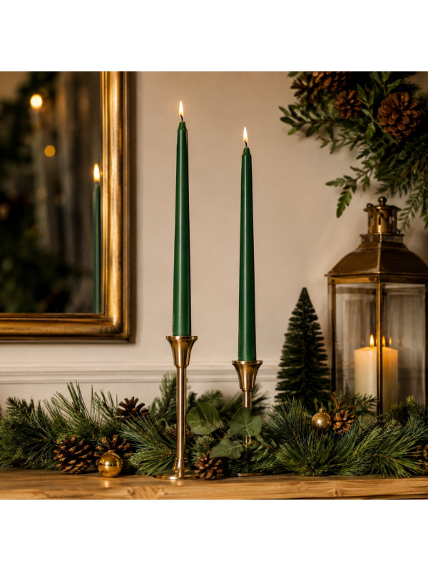 2 bougies chandelles vert sapin 30 cm – décoration de table Noël