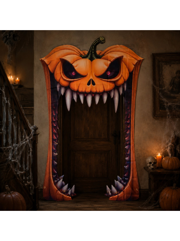 Décoration de porte citrouille géante en tissu 140 x 198 cm – Halloween