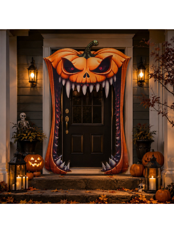 Décoration de porte citrouille géante en tissu 140 x 198 cm – Halloween