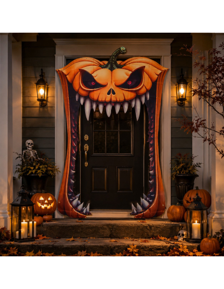 Décoration de porte citrouille géante en tissu 140 x 198 cm – Halloween