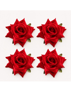 Lot de quatre roses rouges effet velours avec feuilles vertes