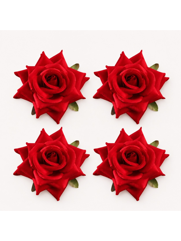 Lot de quatre roses rouges effet velours avec feuilles vertes