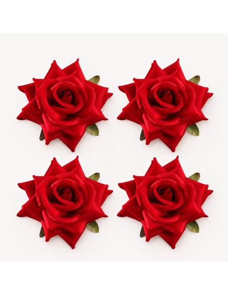 Lot de quatre roses rouges effet velours avec feuilles vertes