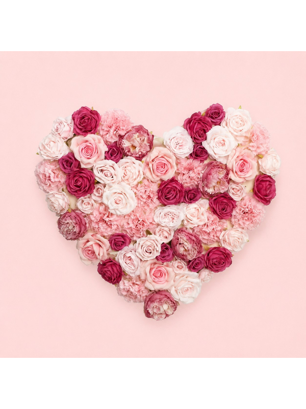 Panneau floral cœur blanc, rose et fuchsia 70 × 63 cm