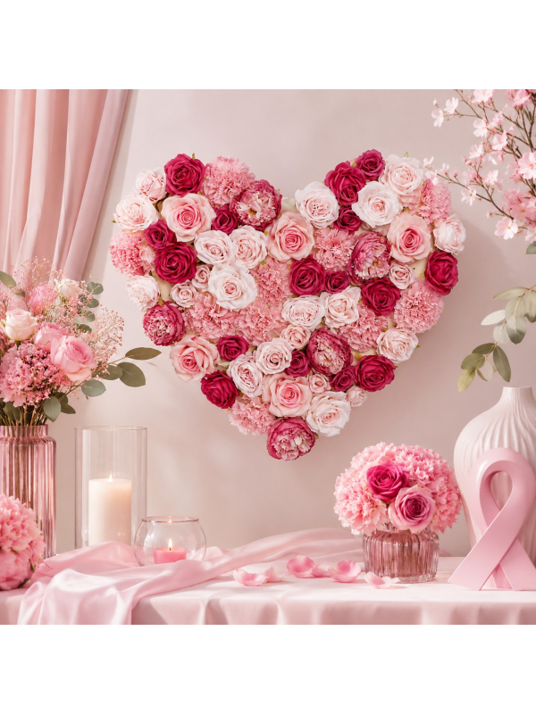 Panneau floral cœur blanc, rose et fuchsia 70 × 63 cm