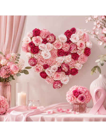 Panneau floral cœur blanc, rose et fuchsia 70 × 63 cm
