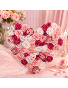Panneau floral cœur blanc, rose et fuchsia 70 × 63 cm