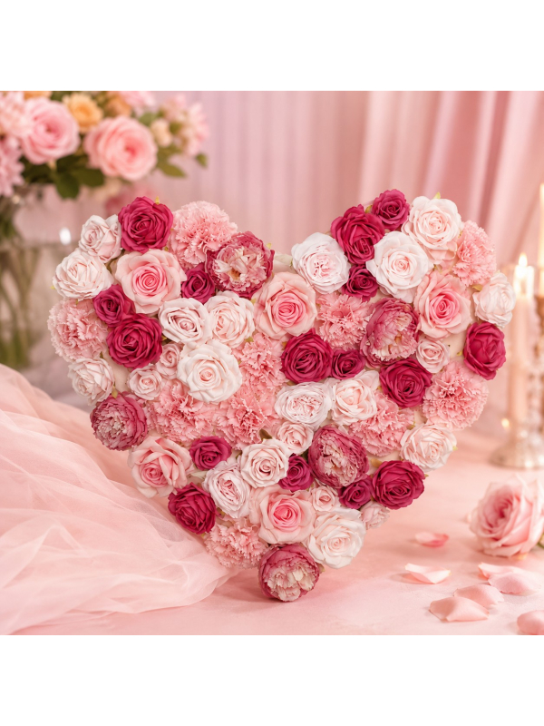 Panneau floral cœur blanc, rose et fuchsia 70 × 63 cm