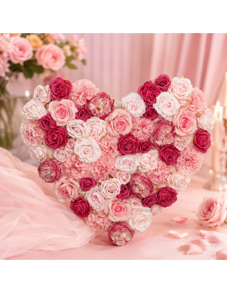 Panneau floral cœur blanc, rose et fuchsia 70 × 63 cm