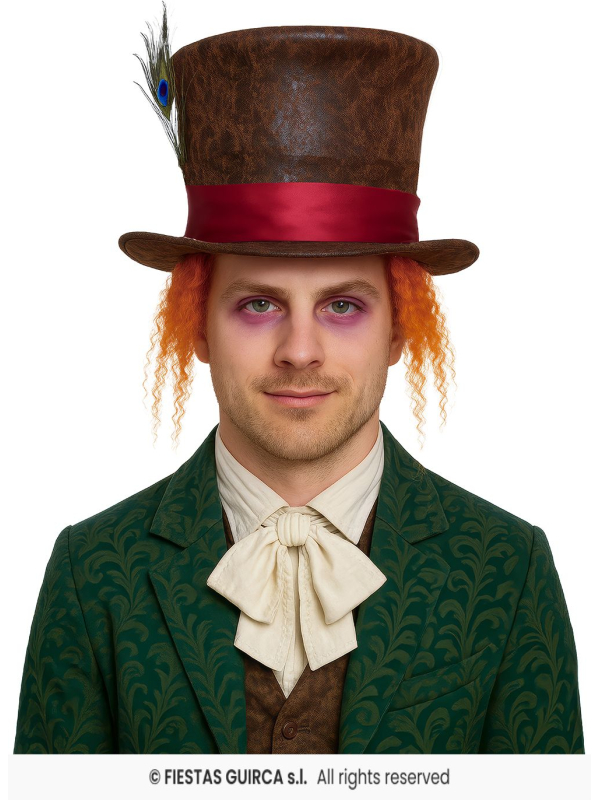 Chapeau Chapelier Fou adulte marron avec cheveux orange